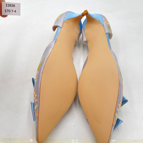 XYD Blue Flower Embroidery D'Orsay Kitten Heel Bridal Bowknot Pointed Toe Pumps - Picture 7 of 8